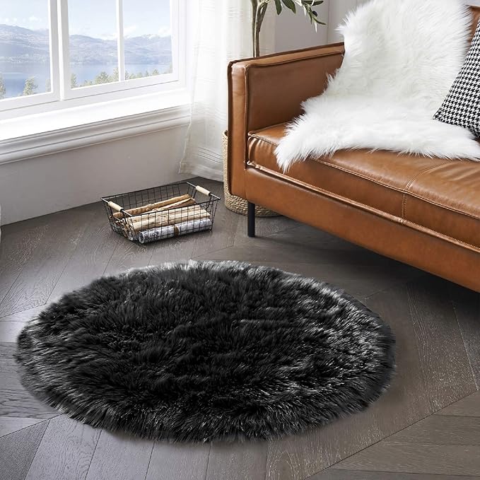 Latepis Black Round Rug 4 ft, Faux Fur Sheepskin Circle Rug for Living Room, Fluffy Washable Rug for Bedroom, Teen Room, Dorm, Cute Room Décor