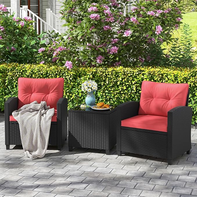RELAX4LIFE 3-Piece Patio Furniture Set - Wicker Rattan Bistro Sofa Set w/Glass Top Coffee Table, Washable Cushions for Porch Balcony Backyard Poolside, Outdoor Furniture Conversation Set (Red)