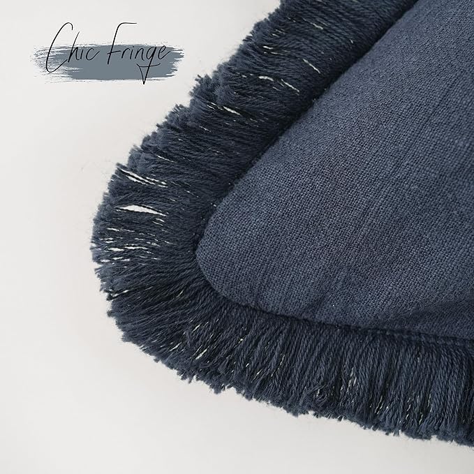 Foindtower Set of 2 Decorative Linen Fringe Throw Pillow Covers Cozy Boho Farmhouse Cushion Cover with Tassels Soft Accent Pillowcase for Couch Sofa Bed Living Room Home Decor,18×18 Inch,Navy Blue