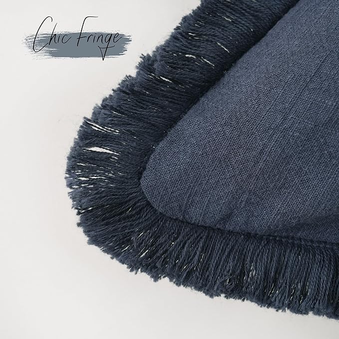 Foindtower Set of 2 Decorative Linen Fringe Throw Pillow Covers Cozy Farmhouse Boho Cushion Cover with Tassels Soft Accent Pillowcase for Couch Sofa Bed Living Room Home Decor 20×20 Inch Navy Blue