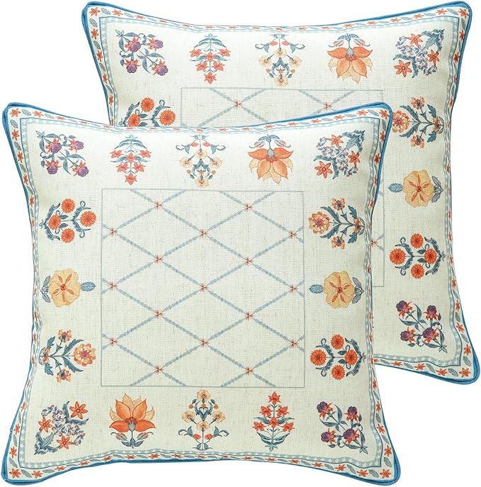 Design Square Linen Throw Pillow Covers 18"x18" Pack of 2, Blue Floral Country Cushion Covers with Colorful Wildflower Pattern Decor Pillowcases for Bed,Living Room,Outdoor,Car