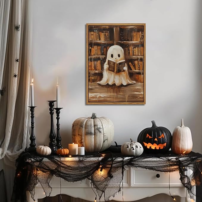 Vintage Framed Ghost Reading Books Canvas Wall Art for Home Office - Halloween Academia Cute Ghost Picture Paintings Prints, Halloween Room Aesthetic Decor for Living Room Bedroom 12x16 inch