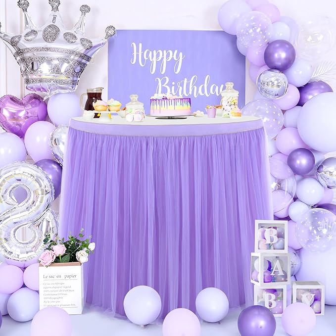 2 Pack 6ft Purple Table Skirt for Baby Shower Girl Lavender Tutu Table Skirts for Rectangle Tables or Round Tables Tulle Table Cloth for Parties Mermaid Butterfly Elephant Birthday Wedding Decorations