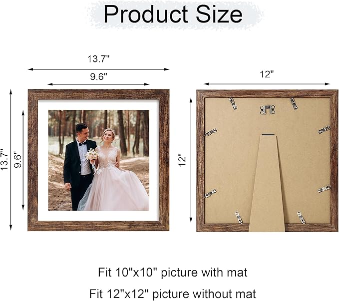 12x12 Picture Frame Set of 4 with Tempered Glass, Rustic Frame Display 10x10 Pictures with Mat or 12 x 12 Without Mat, Wood Square Photo Frames for Desktop Display and Wall Mount