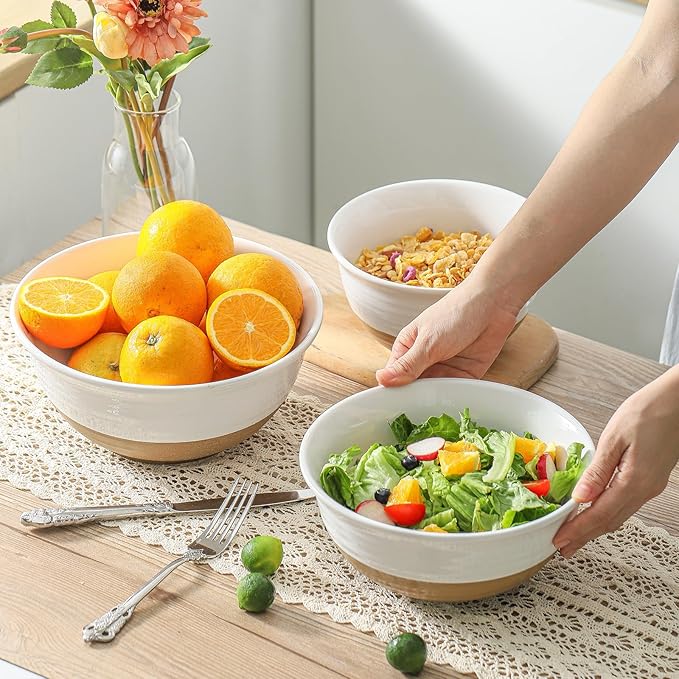 Ceramic Mixing Bowls,Large Serving Bowls 2.1/1.5/1.0 Qt,Salad Bowls Set of 3 for Kitchen Space Saving Storage,Nesting Bowls for Cooking,Popcorn,Soup,Fruit, Microwave & Dishwasher Safe,White