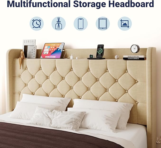 Allewie Full Size Bed Frame, Storage Headboard with Charging Station, Wingback Linen Upholstered, Diamond Stitched Button Tufted, Sturdy Wooden Slats, No Box Spring Needed, Easy Assembly, Beige