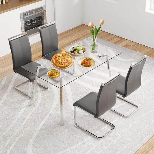Glass Dining Table Set for 4,Rectangle Dinner Table with 4 Black Leather Kitchen Chairs,51 in Kitchen Room Dining Set,0.31” Tempered Glass Tabletop with Silver Metal Legs,4 Dining Chairs