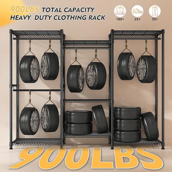 Raybee Clothes Rack Load 900Lbs, Heavy Duty Clothing Rack for Hanging Clothes Freestanding Garment Rack 77" H x 69'' W x 16'' D,Black