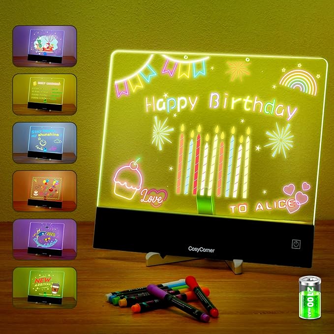 LED Drawing Board for Kids - Doodle Glow Note Board with Colors | Rechargeable Acrylic Dry Erase Board with Light & Touch Switch | 5H Battery, Glow Writing Pad for Toddlers & Artists