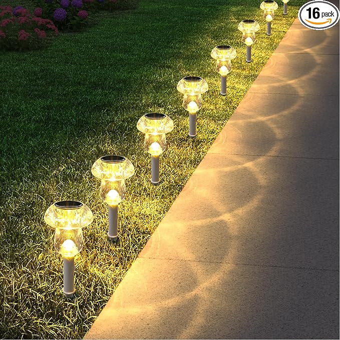 Solar Lights Outdoor, 16 Pack Mushroom Lights Outside Waterproof, Solar Powered LED Lighting for Garden, Yard, Landscape, Path, Pathway, Lawn, Walkway, Driveway, Backyard Decor (Warm White)