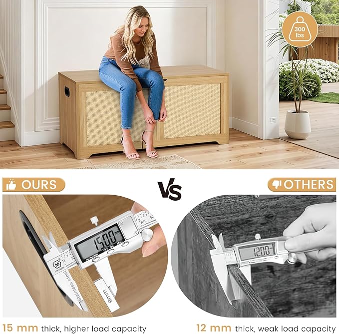 EROMMY Storage Chest, 39.4" Rattan Storage Bench with 2 Safety Hinges, Shoe Bench for Entryway, Bedroom, Living Room, Supports 300 lb