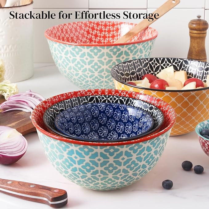 DOWAN Mixing Bowls, Ceramic Mixing Bowls for Kitchen, Colorful Vibrant Nesting Bowls for Cooking, Baking, Prepping, Serving, Salad, Housewarming Gift, Microwave Dishwasher Safe, 3.7/2/1 Qt, Set of 3