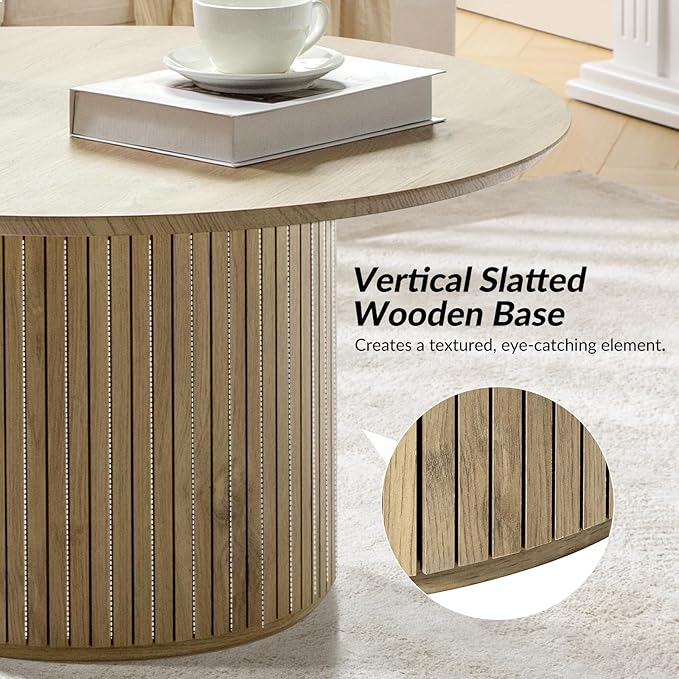 HULALA Home Round Coffee Table, Wood Coffee Table with Vertical Slat Base, Modern Coffee Table for Living Room and Lounge Room,Oak