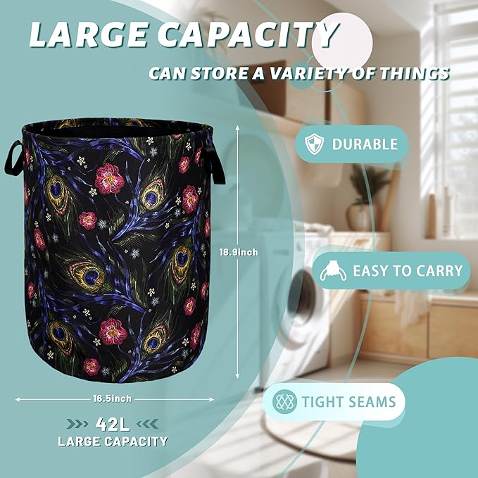 Colorful Peacock Feathers Laundry Basket Foldable With Handles Tote Bag Oxford Cloth Beautiful Laundry Hamper 18.9"x16.5" Clothes Storage Bucket Toy Organizer For Bathroom/Laundry/Bedroom