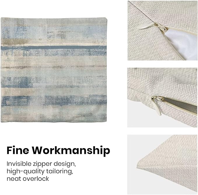 Boho Blue Grey Stripe Throw Pillow Covers 18x18 Inch Set of 2, Rustic Abstract Decorative Throw Pillow Covers Retro Stripe Linen Outdoor Cushion Cover for Sofa Couch Farmhouse Room Bed Decor