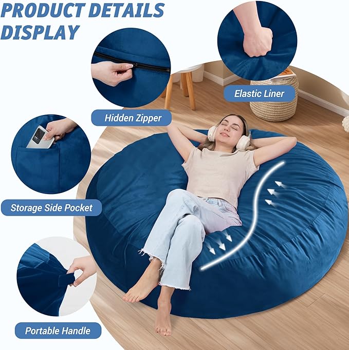 7FT Bean Bag Chair with Ultra Soft Velvet Cover Bean Bag Sofa with Memory Foam Bean Bag Chairs with Large Size Lazy Sofa for Dorm Office Living Room Bedroom Blue 7'