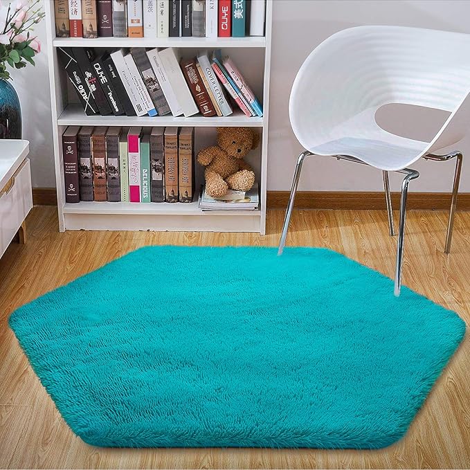 junovo Ultra Soft Rug for Nursery Children Room Baby Room Home Decor Dormitory Hexagon Carpet for Playhouse Princess Tent Kids Play Castle, Diameter 4.6 ft, Teal Blue