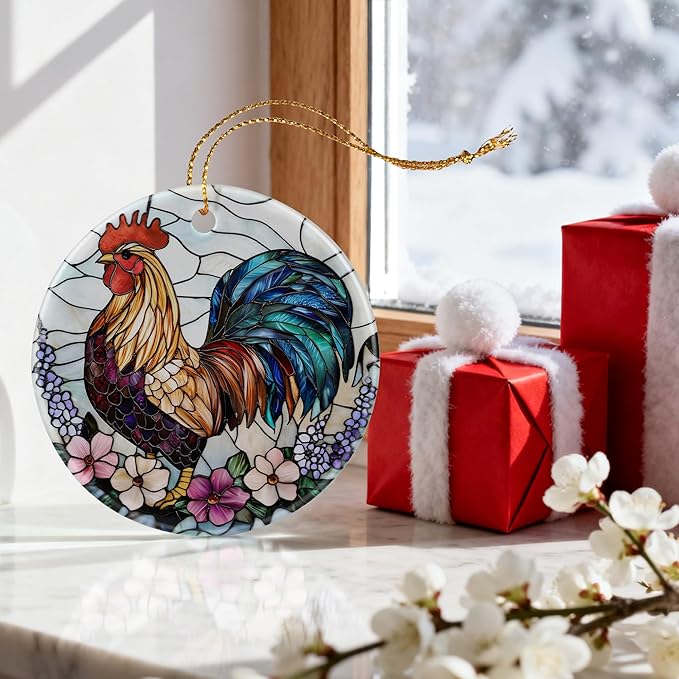 Colorful Rooster Ornament | Farmhouse Christmas Ornaments, Hanging Ornaments for Tree, Christmas Decorations, Holiday Decor Gift | Gifts for Chicken Lover, Farmer | Chicken Themed Gifts, Gift Exchange