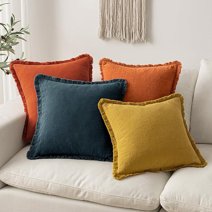 MIULEE Decorative Lumbar Throw Pillow Covers Neutral Linen Fringe Throw Pillows Set of 2 Orange Boho Farmhouse Cushion Covers with Tassels for Couch Sofa Bed Living Room Spring Home Decor 12x20 Inch