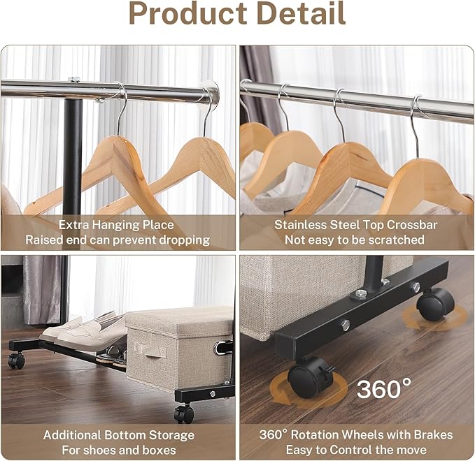 Clothes Rack, 130LB Capacity Heavy Duty Clothing Rack with Wheels and Bottom Shelf, 52.17 Inch Rolling Racks for Hanging Clothes, Coats, Shirts, Sweaters, Skirts, Dress, Black