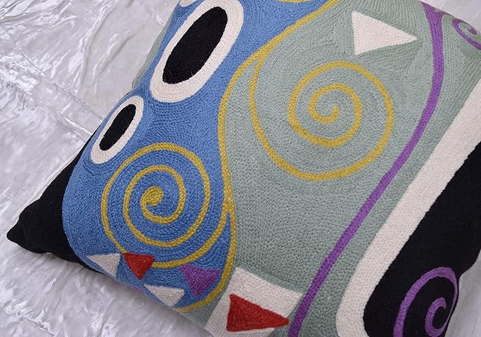 Klimt Blue Marine Modern Pillow Cover | Contemporary Chair Cushion | Modern Blue Sofa Pillowcase | Modern Outdoor Pillows | Mid Century Chair Cushions | Hand Embroidered | Wool Size 18x18