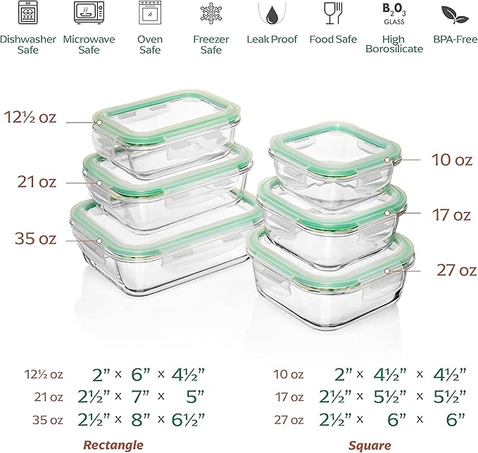 Fusion Gourmet Glass Meal Prep Containers with Lids [6 Pack] Storage Containers, Leak proof, Airtight Locking Lids, Microwave, Oven, Freezer & Dishwasher Safe