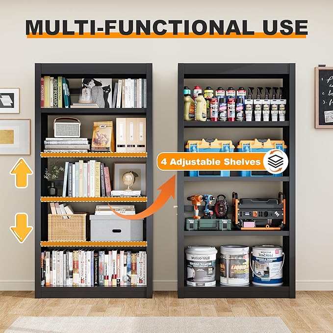 69" Metal Bookcase, 5 Tier Bookshelf with Adjustable Shelves, Heavy-Duty Steel Storage Shelves for Living Room, Home Office, Library, or Bedroom, Black