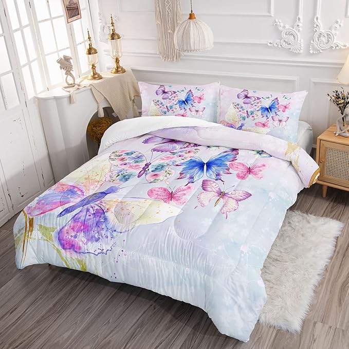 Watercolor Butterfly Comforter Bedding Set for Girls Kids Teens,Lightweight Colorful Floral Butterfly Printed Tie-dye Comforter with 2 Pillowcases(Watercolor Butterfly Full)
