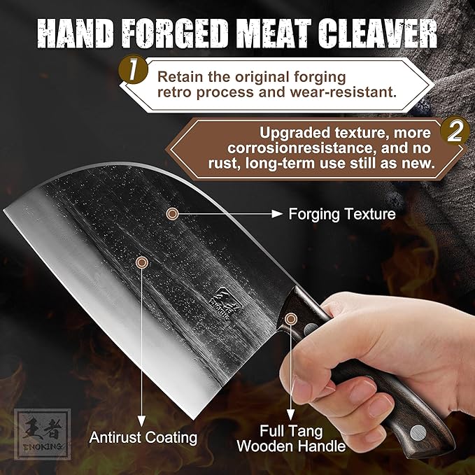 ENOKING Butcher Knife for Meat Cutting, 6.6 Inch HandForged Meat Cleaver Knife Heavy Duty Bone Chopper, High Manganese Steel Serbian Chef Knife with Leather Sheath and Full Tang Handle (Brown Handle)