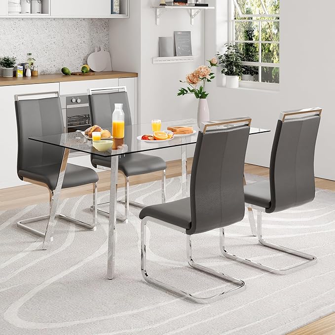 Glass Dining Table Set for 4,Rectangle Dinner Table with 4 Black Leather Kitchen Chairs,51 in Kitchen Room Dining Set,0.31” Tempered Glass Tabletop with Silver Metal Legs,4 Dining Chairs