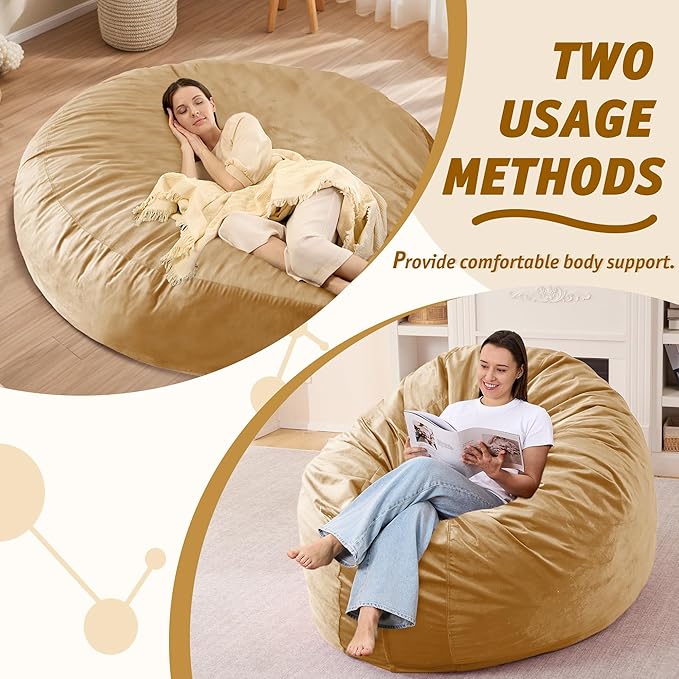 7FT Bean Bag Chair with Ultra Soft Velvet Cover Bean Bag Sofa with Memory Foam Bean Bag Chairs with Large Size Lazy Sofa for Dorm Office Living Room Bedroom Camel 7'
