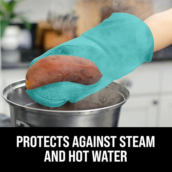 BPA-Free Soft Silicone Oven Mitts - Ultra Heat Resistant Oven Mitts with Thick Cotton Liner - Long Slip Resistant Pot Holders, Flexible Oven Gloves - Turquoise 13.7"