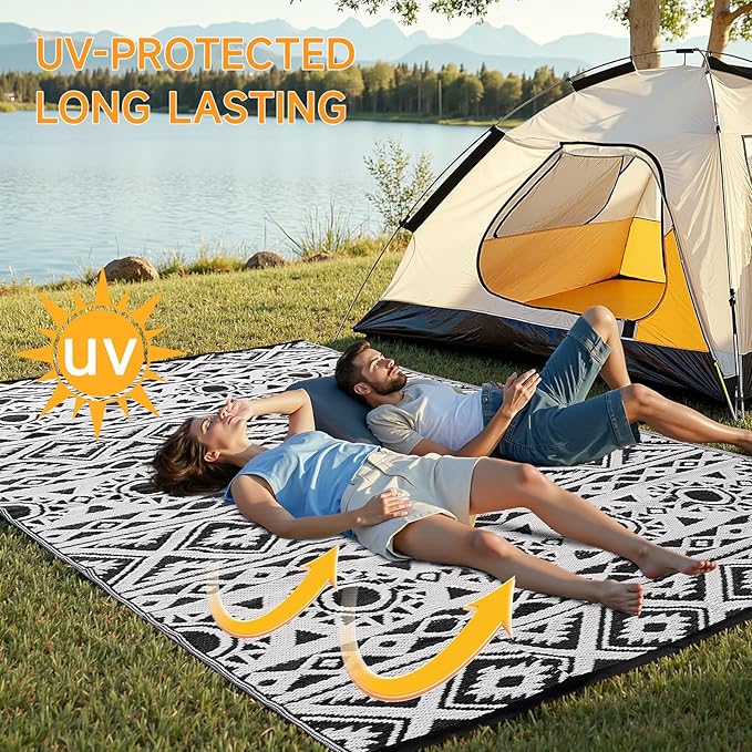 Outdoor Rug Waterproof 8x10 ft, Reversible Outdoor Plastic Straw Rug Patio Rug, RV Rugs for Outside, Outdoor Carpet for Patio Camping Deck Balcony Backyard, Black & White
