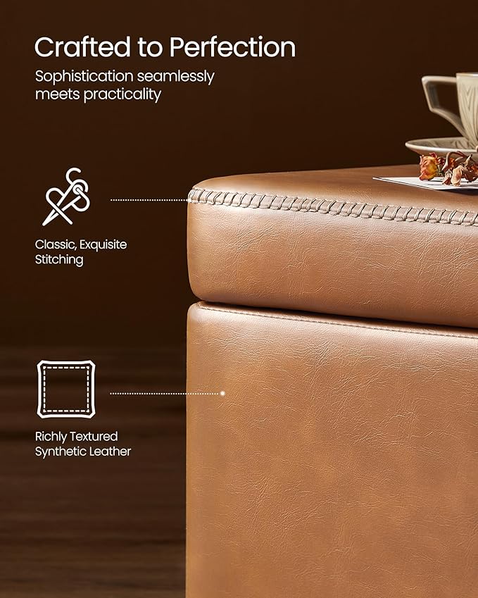 VASAGLE EKHO Collection - Storage Ottoman Bench, Entryway Bedroom Bench, 25 Gallons, Synthetic Leather with Stitching, Mid-Century Modern, Safety Hinges, Loads 660 lb, Caramel Brown ULOM075K01