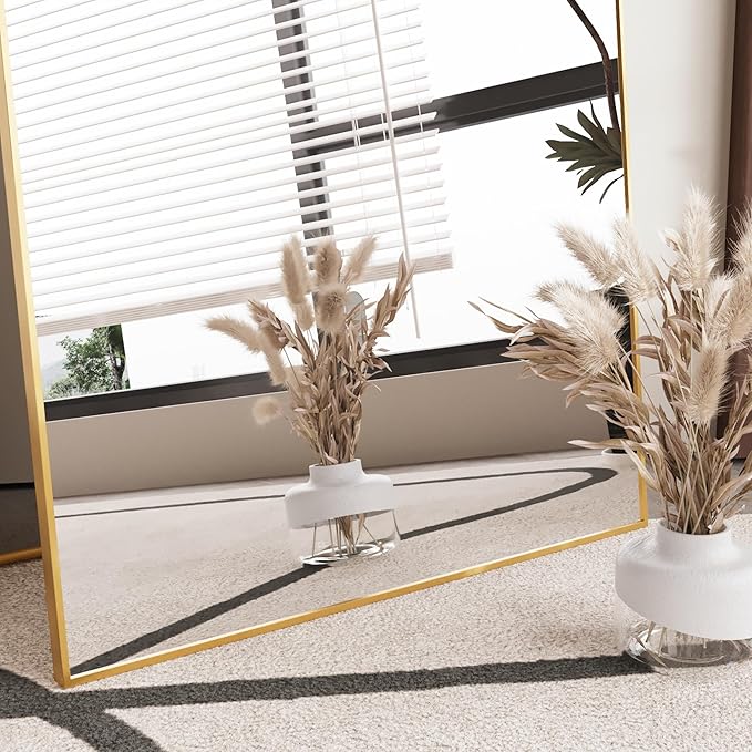 FANYUSHOW Full Length Mirror with Stand 65"x23.6",Floor Standing Aluminum Frame for Living Room,Tempered Glass Floor Mirror,Simple Home Decor,Wall Decor for Bedroom & Bathroom,Full Body Mirror,Gold