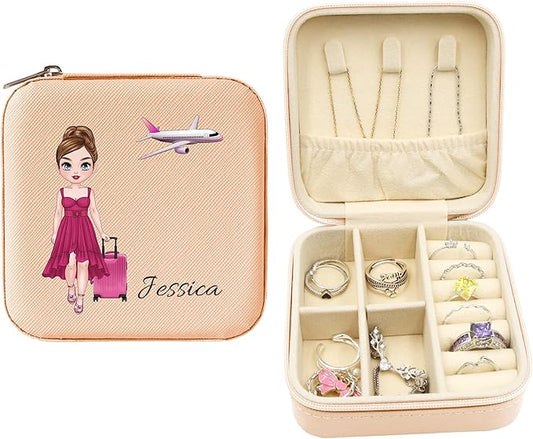 Personalized Portable Jewelry Box, Travel Essentials for Women, Mini Organizer, Customized Small Case With Initials, Gift for Girls, Teen, Woman (Travelling Lover)