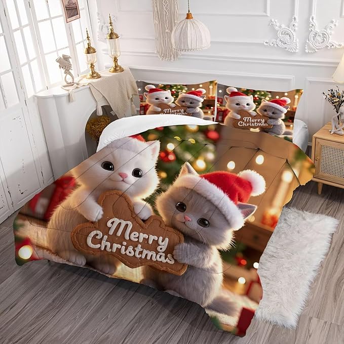 Kids Christmas Comforter Set King Size, Merry Christmas Cat Print Bedding Set for Girls Boys Women and Men, Xmas Bed Set with 1 Comforter and 2 Pillowcases