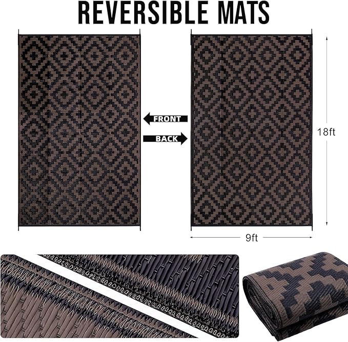 OLANLY Waterproof Outdoor Rug 9x18 ft, Outdoor Plastic Straw Rug for Camping, RV Mat Outside, Outdoor Carpet for Porch, Deck, Backyard, Balcony, Picnic, Black & Brown