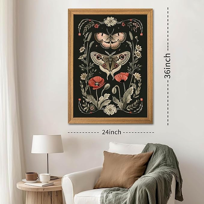 Vintage Framed Wall Art - 3D Textured Classical Style Moth Pictures Wall Decor - Hand Drawn Flowers Nature Art Painting for Living Room Bedroom Home Decor 24x36in