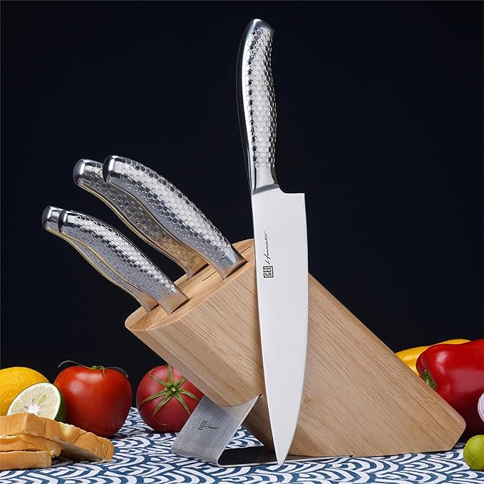 Kitchen Knife Set, One-piece Stainless Steel Knife Sets for Kitchen with Block, 6 Pieces Solid Natural Wood Knife Block Set, Box Packed, Silver.