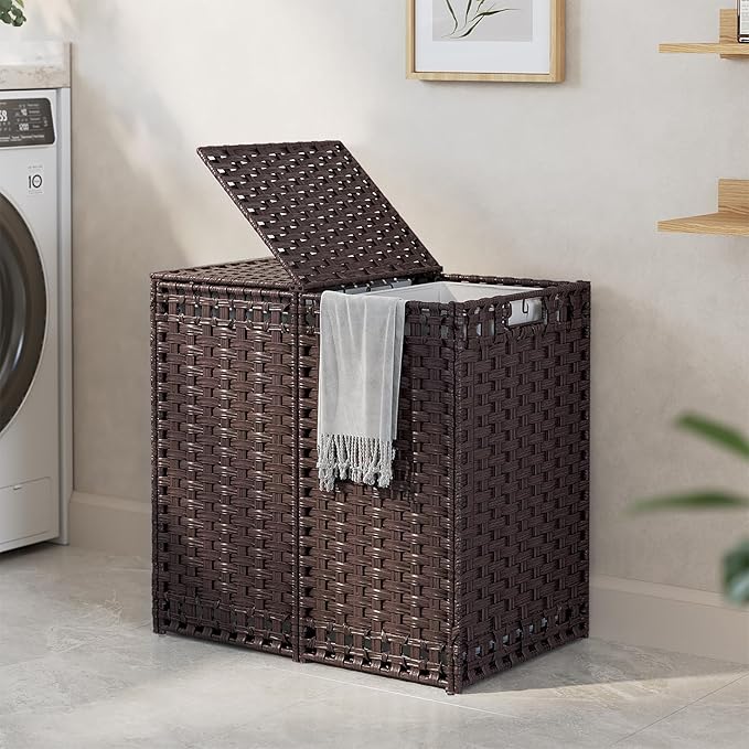 130L Foldable Laundry Hamper with Lid - Handwoven Rattan Storage Basket, 2-Section Clothes Hamper w/2 Removable Liner Bags, Easy Assembly, Portable for Bedroom Bathroom Dorm,Brown