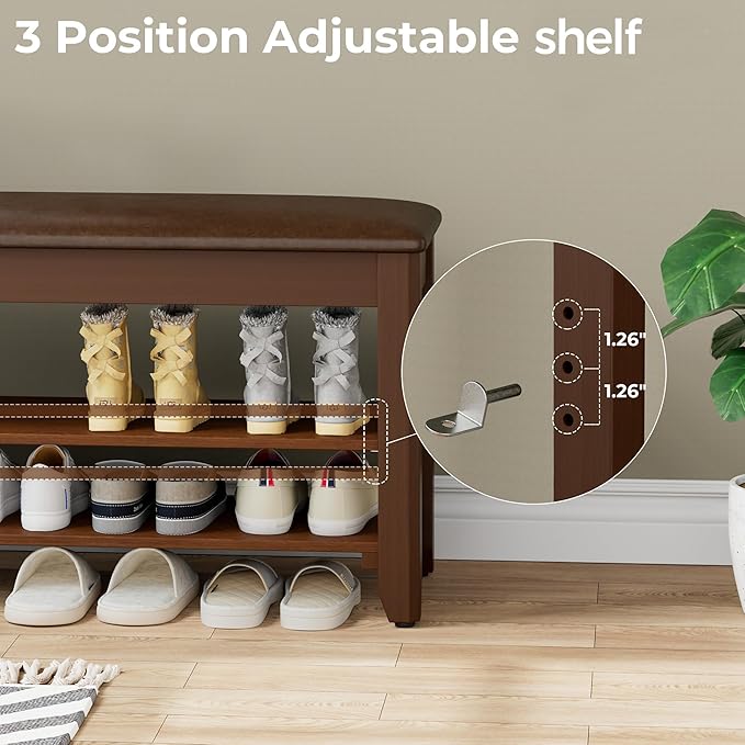 Shoe Rack Bench with Flip-Top Storage, Solid Wood Entryway Bench with Cushion, Adjustable Shelf, for Hallway, Mudroom, Closet – Walnut, 39.4"