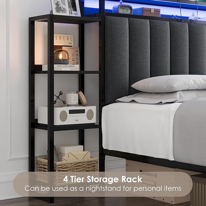 Keyluv Queen Bed Frame with Storage Headboard & 2 Drawers, Upholstered LED Platform Bed with Charging Station & Bedside Storage Rack, Metal Slat Support, No Box Spring Needed, Linen Fabric, Black