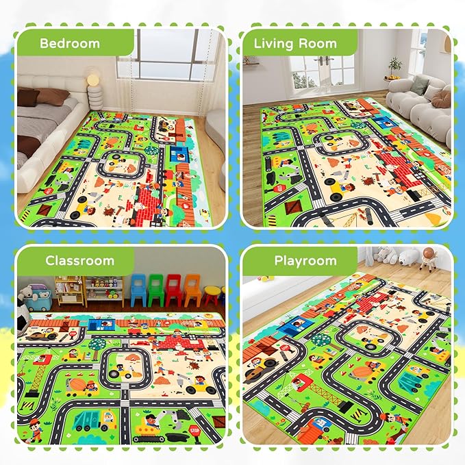 Kids Rug Play Mat for Toy Cars, 59"×39.4" Construction Site Road Traffic for Playroom Kids City Engineering Car Road Play Mat Non-Slip Washable Carpet Toddlers Boys Room Family Playtime