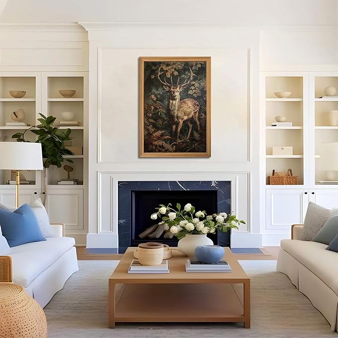 Framed 3D Textured Vintage Wall Art - Dark Academia Decor Sika Deer Hand Drawn Sandstone Paintings with Botanical Florals, Aesthetic Wall Decor for Living Room Bedroom Home 24x36 inch