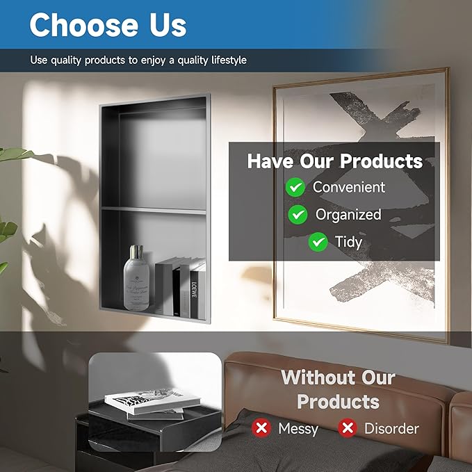 Shower Niche 9" X 25", Wall Niche with Double Shelves, Shower Niche Insert Tile Ready, Shower Caddies Bath Niche, No Tile Needed Over Mount Installation