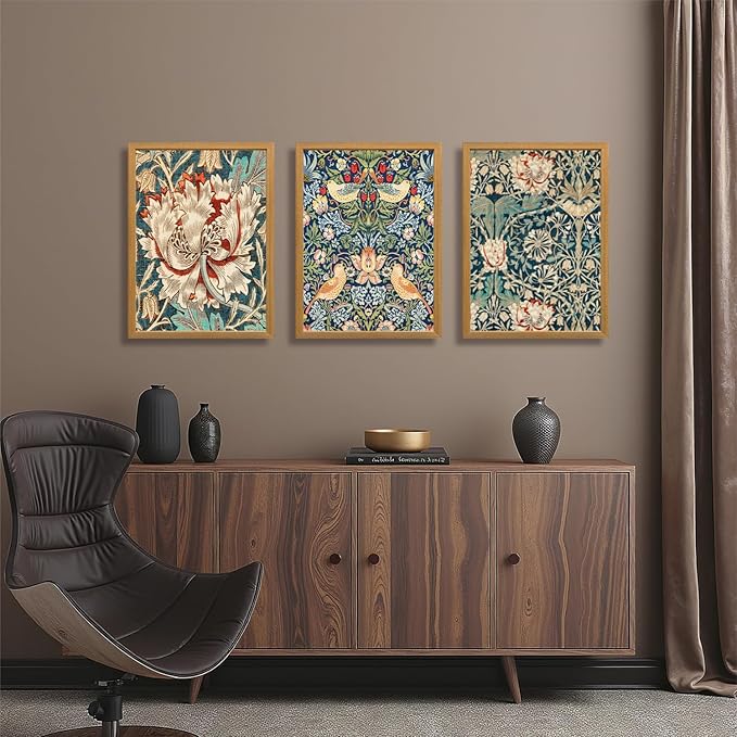 FASWQ Wood Framed William Morris Wall Art, Nouveau Vintage Botanical Wall Decor, Retro Intricate Floral Animal Canvas Painting, Retro Natural Flower Bird Poster Print for Living Room Bedroom 16"x24"x3