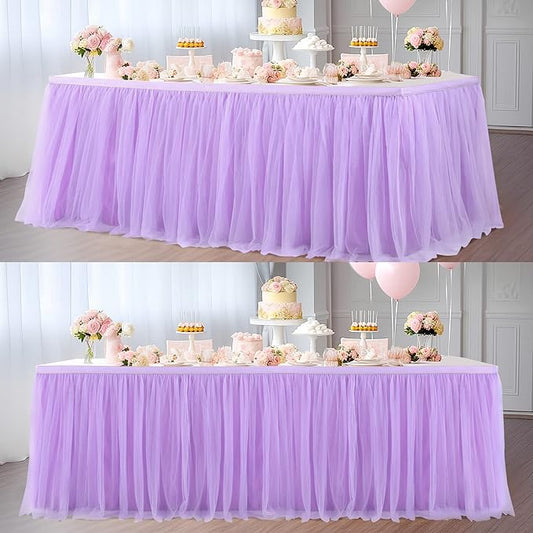 2 Pack 6ft Lavender Table Skirts for Rectangle Tables or Round Tables Lavender Ruffle Tulle Tutu Tablecloth for Girls Baby Shower Birthday Party Wedding Cake Dessert Table Decorations