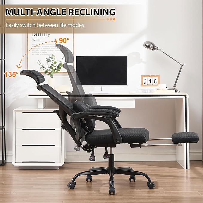 Qulomvs Ergonomic Office Chair with Massage&Heated Lumbar Support, Kneading Massage Office Chair with Foot Rest, Reclining Home Office Desk Chair 90-135 Adjustable Mesh Computer Desk Chair with Wheels