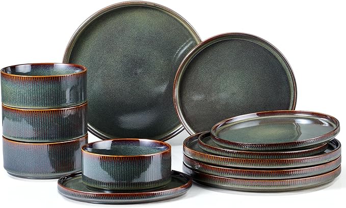 E-far 12-Piece Plates and Bowls Sets, Stoneware Dinnerware Dishes Sets for 4, Kitchen Modern Dining Dishware, Chip & Scratch Resistant, Microwave & Dishwasher Safe, Blackish Green